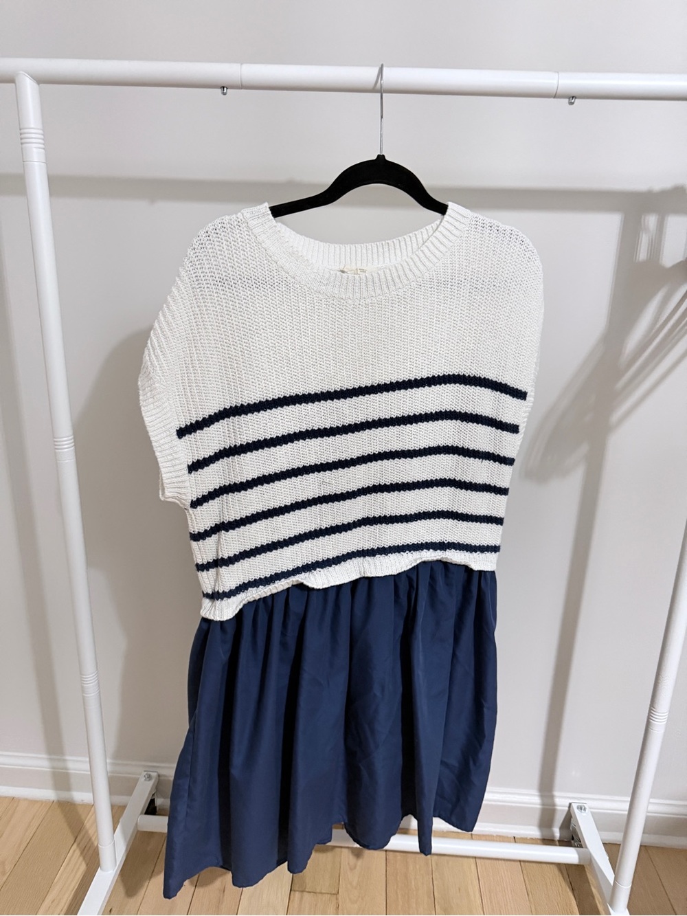 entro White Sweater Top with Navy Striped Bodice and Navy Skirt